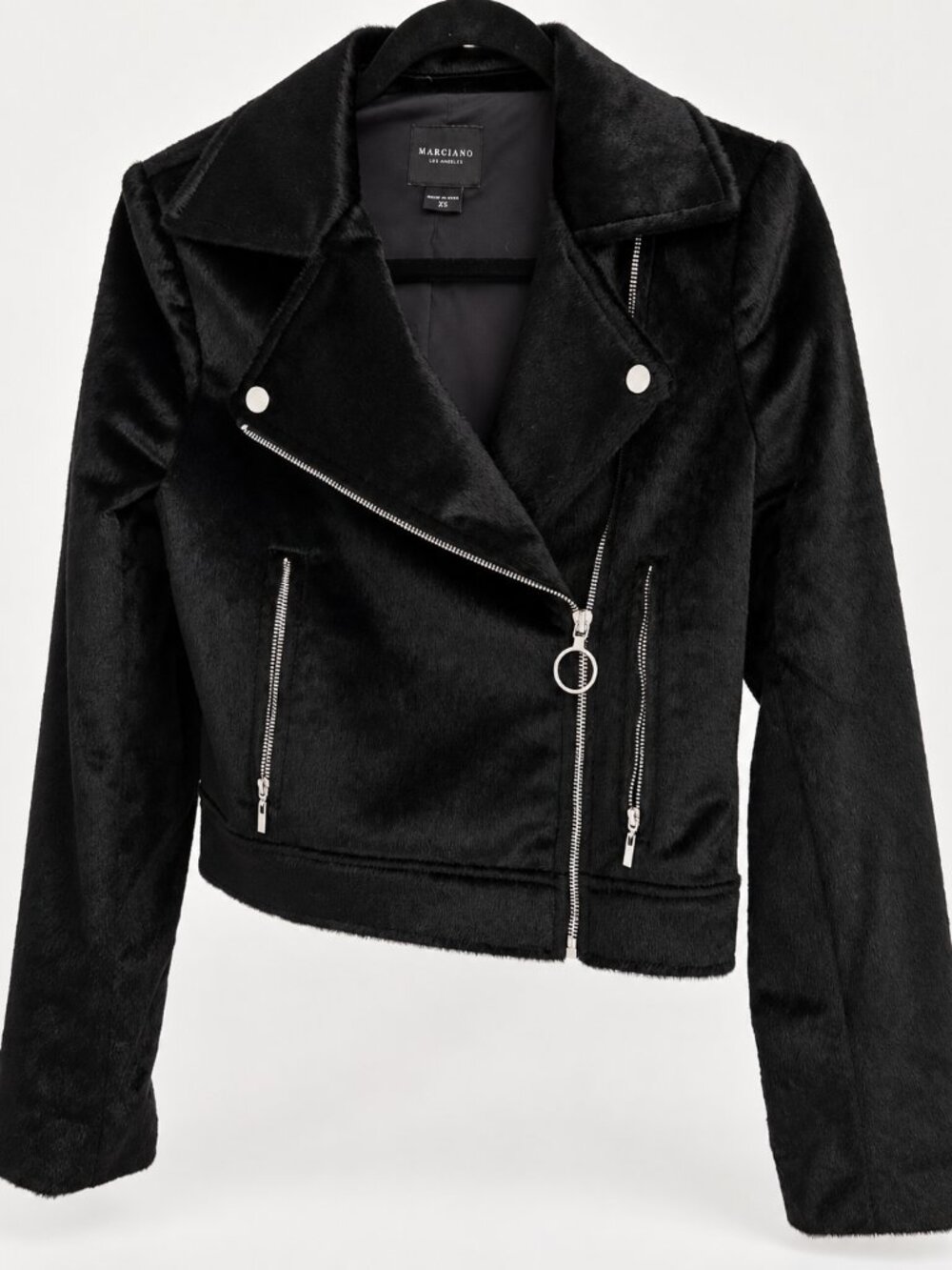 Marciano Black Pony Hair Texture Moto Bomber Jacket Silver Zip SZ XS